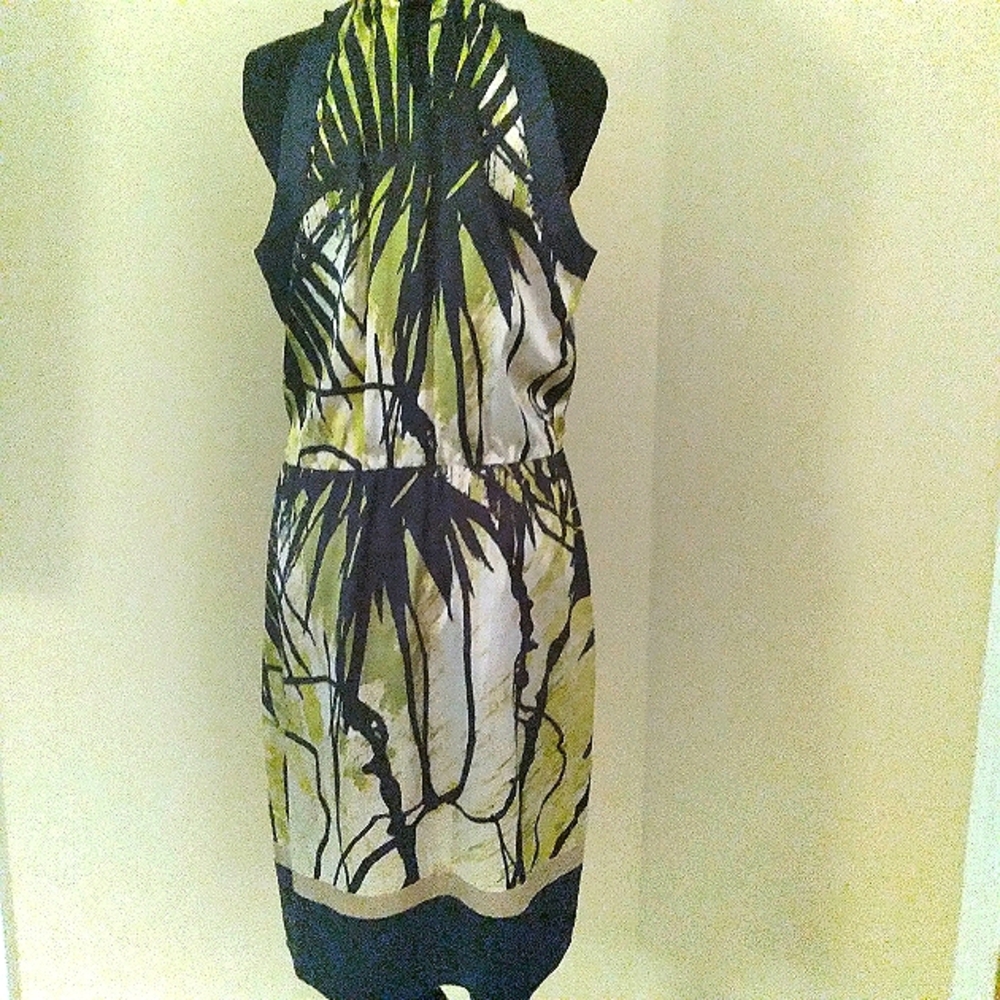 T Tahari Green and Black Tropical Print Knee-Length Faux Wrap Halter Dress